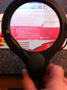 Magnifying glass and packaged food instructions